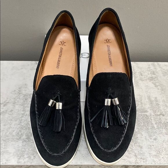 Johnston & Murphy Black Suede Fringe Tassel Loafers Size 8 Made in Brazil - Picture 1 of 13
